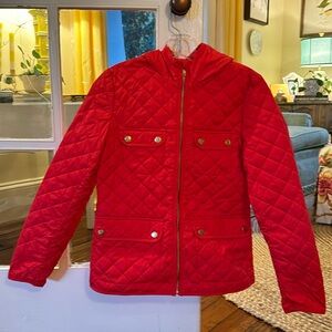 J Crew signature puffer lightweight and super warm, xxs. Orange & gold buttons
